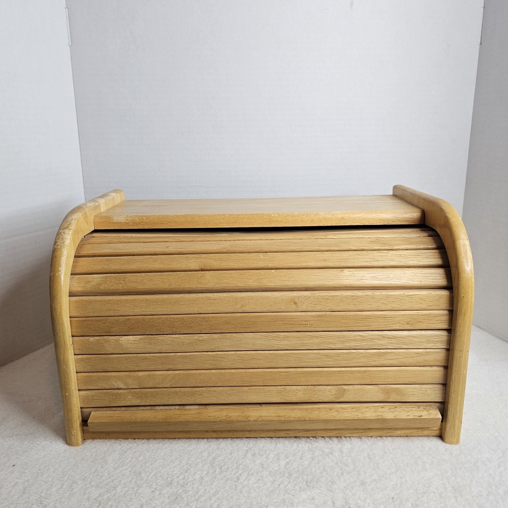 Vintage Wooden Roll Top Bread Box Natural Wood Kitchen Countertop Storage Bin